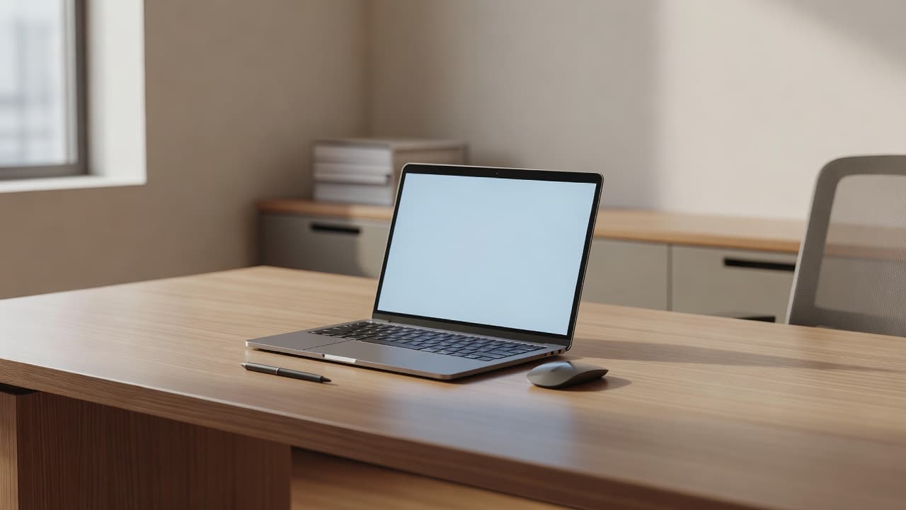 A minimalist wooden desk holds an open laptop in a bright office. Nearby, a small metal organizer and a sleek lamp emphasize a structured, compliant environment for secure digital business operations.
