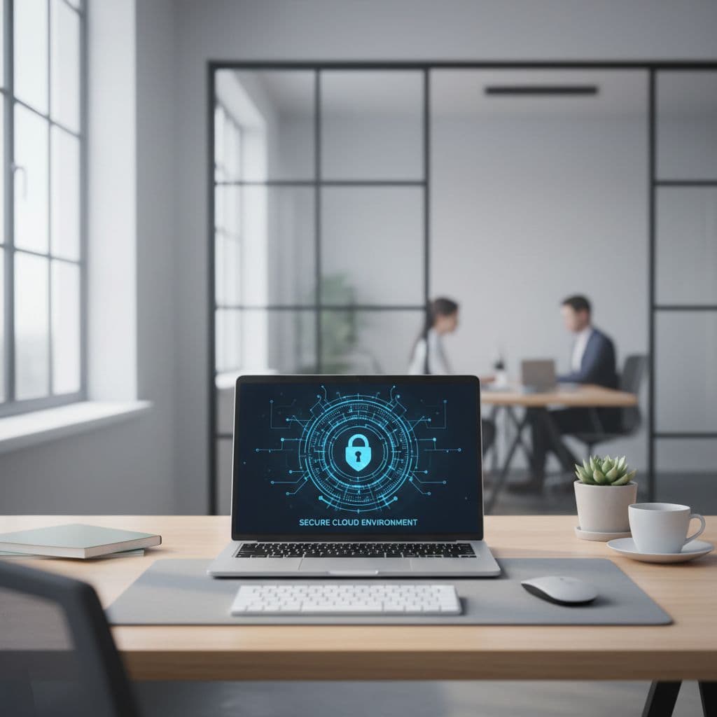 A clean office desk featuring a laptop display with a secure network icon.
