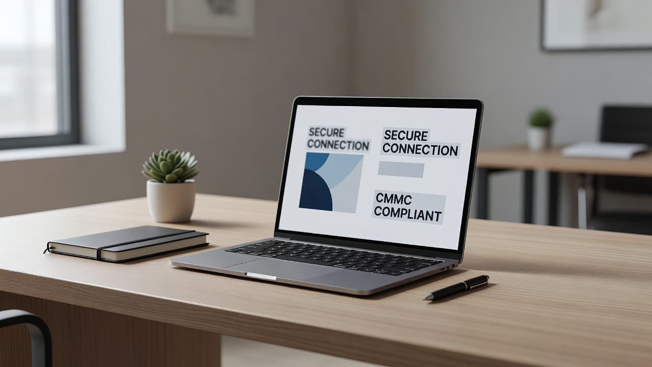 A sleek laptop sits on a clean desk surface, featuring a minimal security interface on the screen. Natural light illuminates the organized workstation, highlighting a professional environment for handling sensitive data.