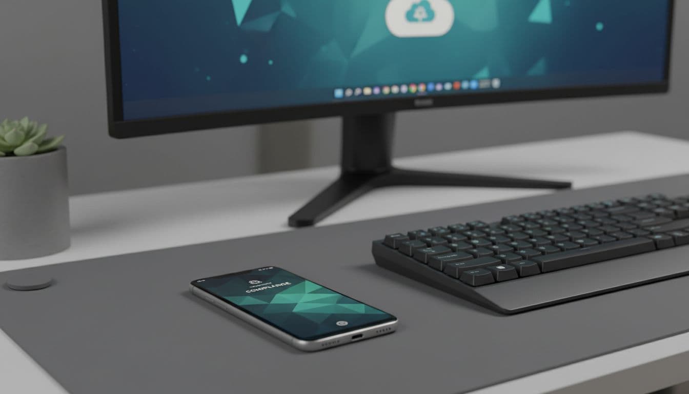 Secure Android smartphone on a modern workspace desk beside a keyboard, screen locked with compliance status indicator but no readable text visible. Realistic photo style in soft office lighting, landscape view, no people or additional devices.