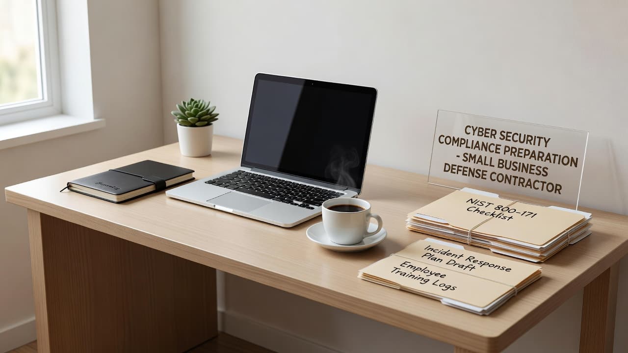 An organized desk with a laptop, notebook, and coffee mug in a bright professional office.