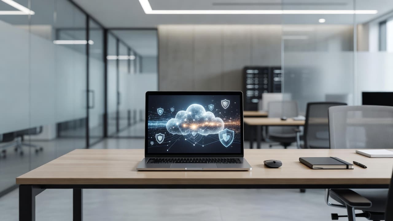 A sleek silver laptop rests on a clean wooden desk surface within a quiet office. Soft blue ambient lighting glows in the background, symbolizing a protected and high-security data environment.