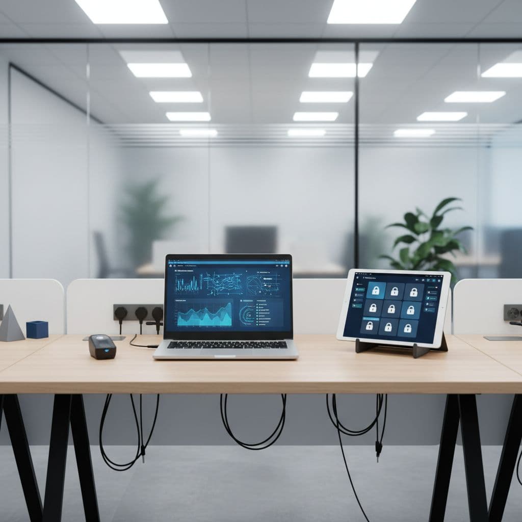 A sleek silver laptop sits beside a tablet on a clean, white desk surface. The bright office setting promotes a professional environment for monitoring digital compliance and security data infrastructure.