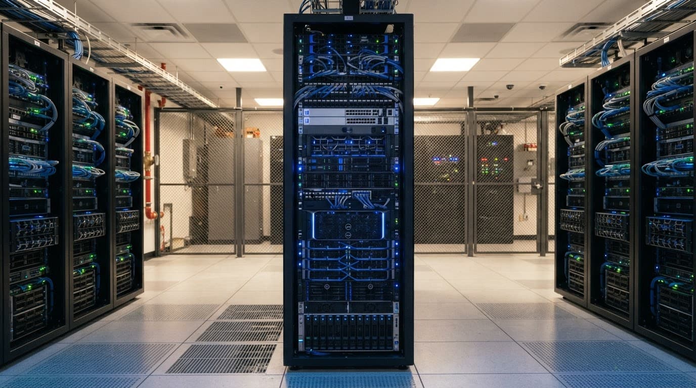 An enterprise server rack with glowing blue lights inside a data center.