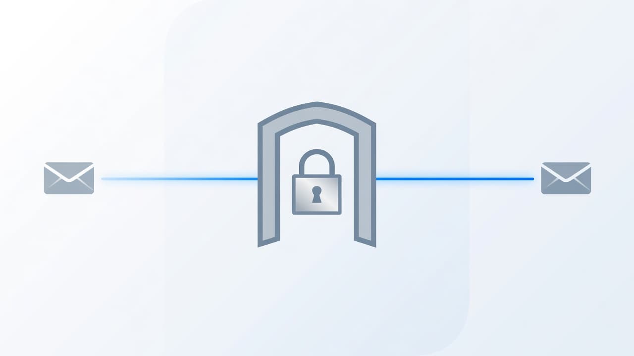 A streamlined path depicts digital data flowing through a central gateway. A prominent lock icon signifies information protection, using soft blue and gray tones against a clean, minimalist white background.