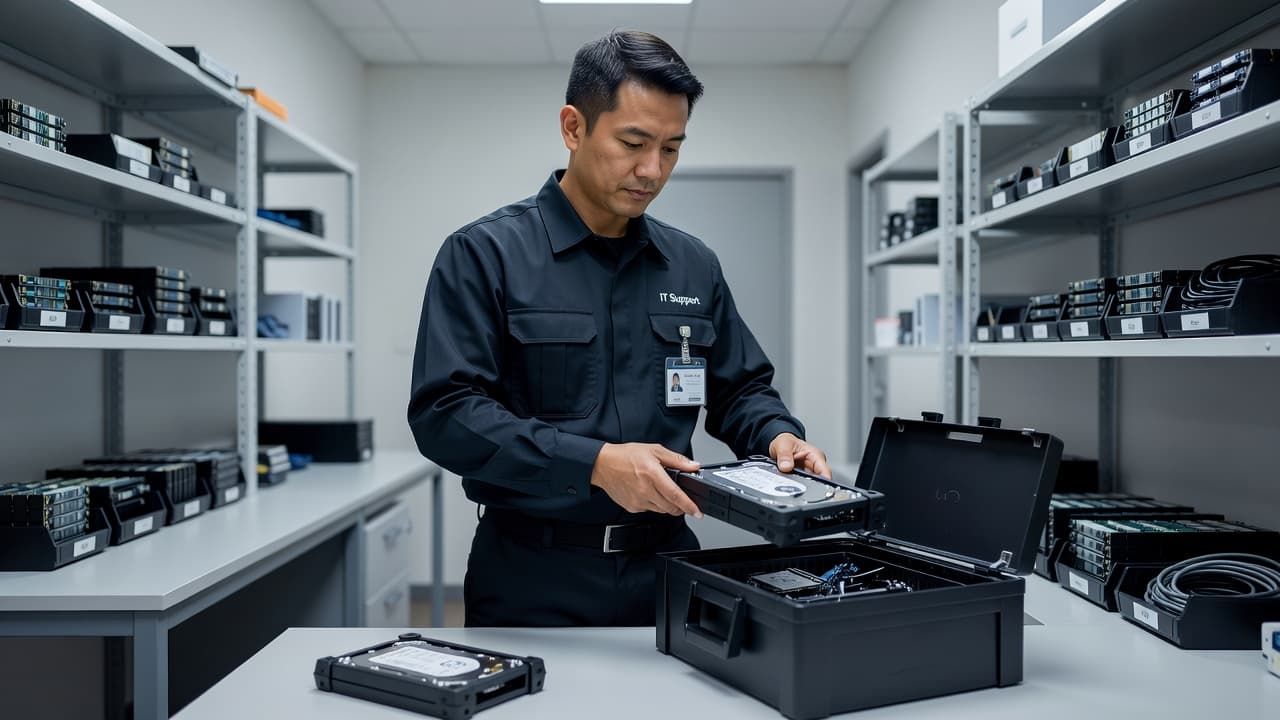 A professional technician holding a secure hard drive within an organized IT equipment room.