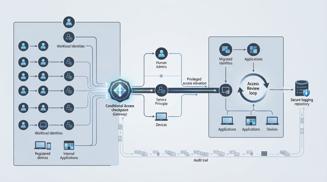 Network diagram showing identities, devices, applications, and admin access moving through security controls.