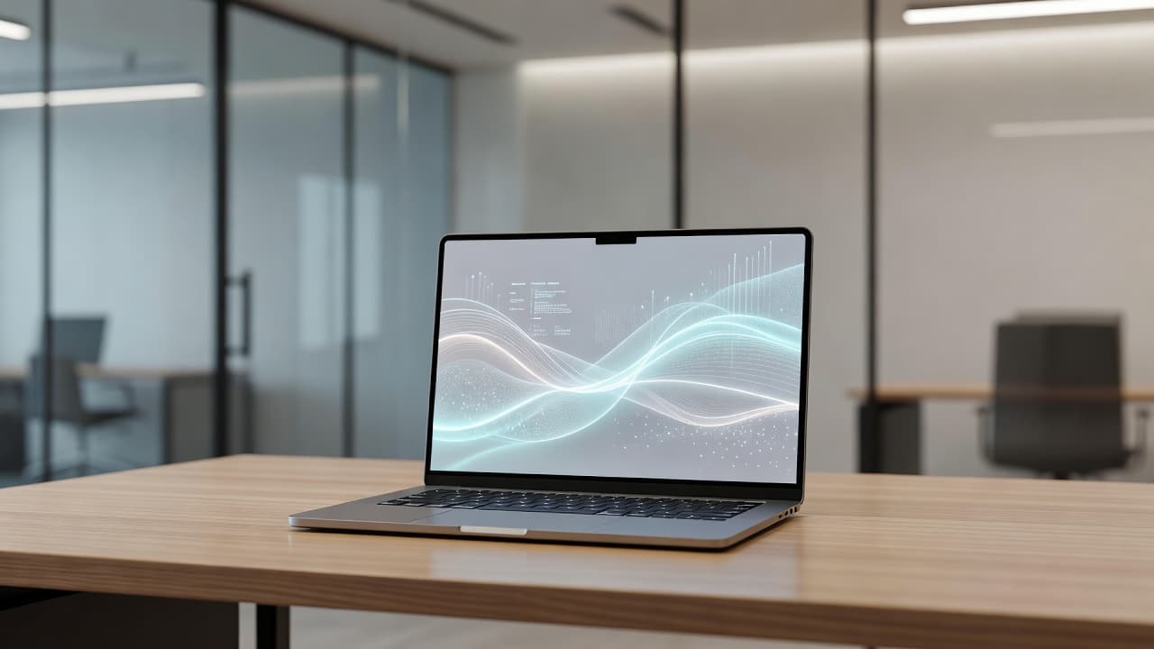 A sleek laptop rests on a minimalist wooden desk within a bright office. The screen shows a soft abstract glow, reflecting a clean and secure digital environment for professional tasks.