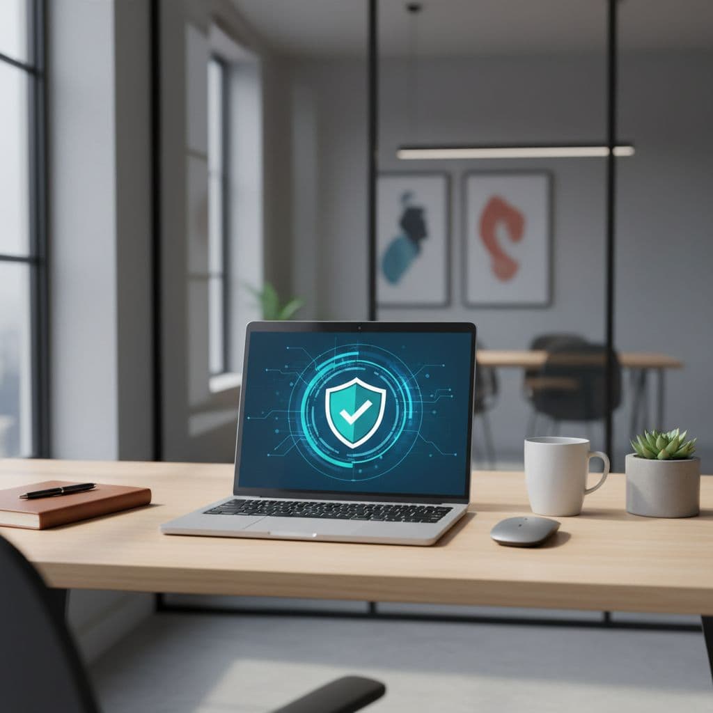 Clean modern office desk with laptop displaying secure login shield icon under soft light.