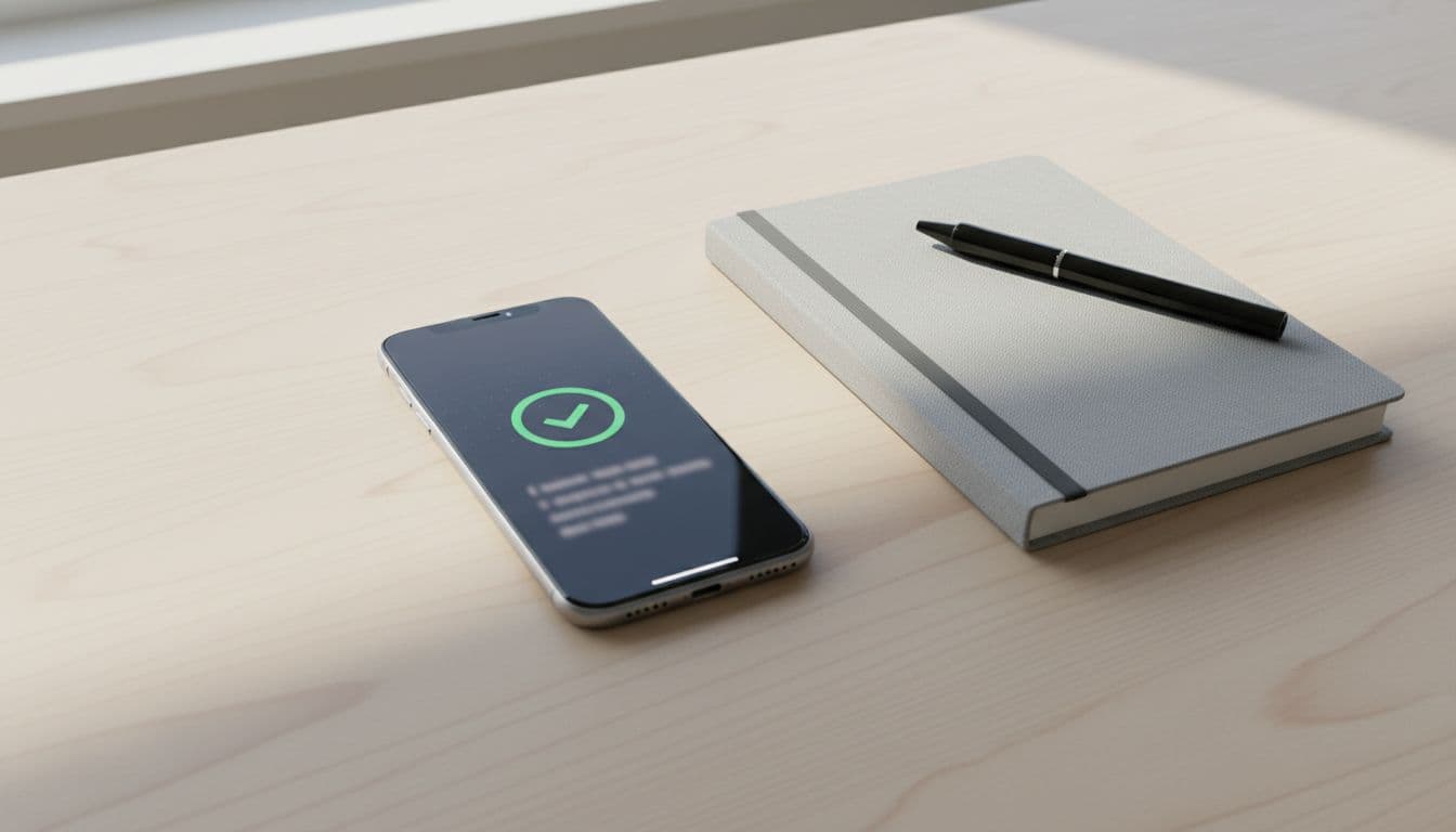 A secure iPhone on a clean office desk next to a notebook, screen displaying locked state with green compliance checkmark icon, professional realistic style in natural daylight.