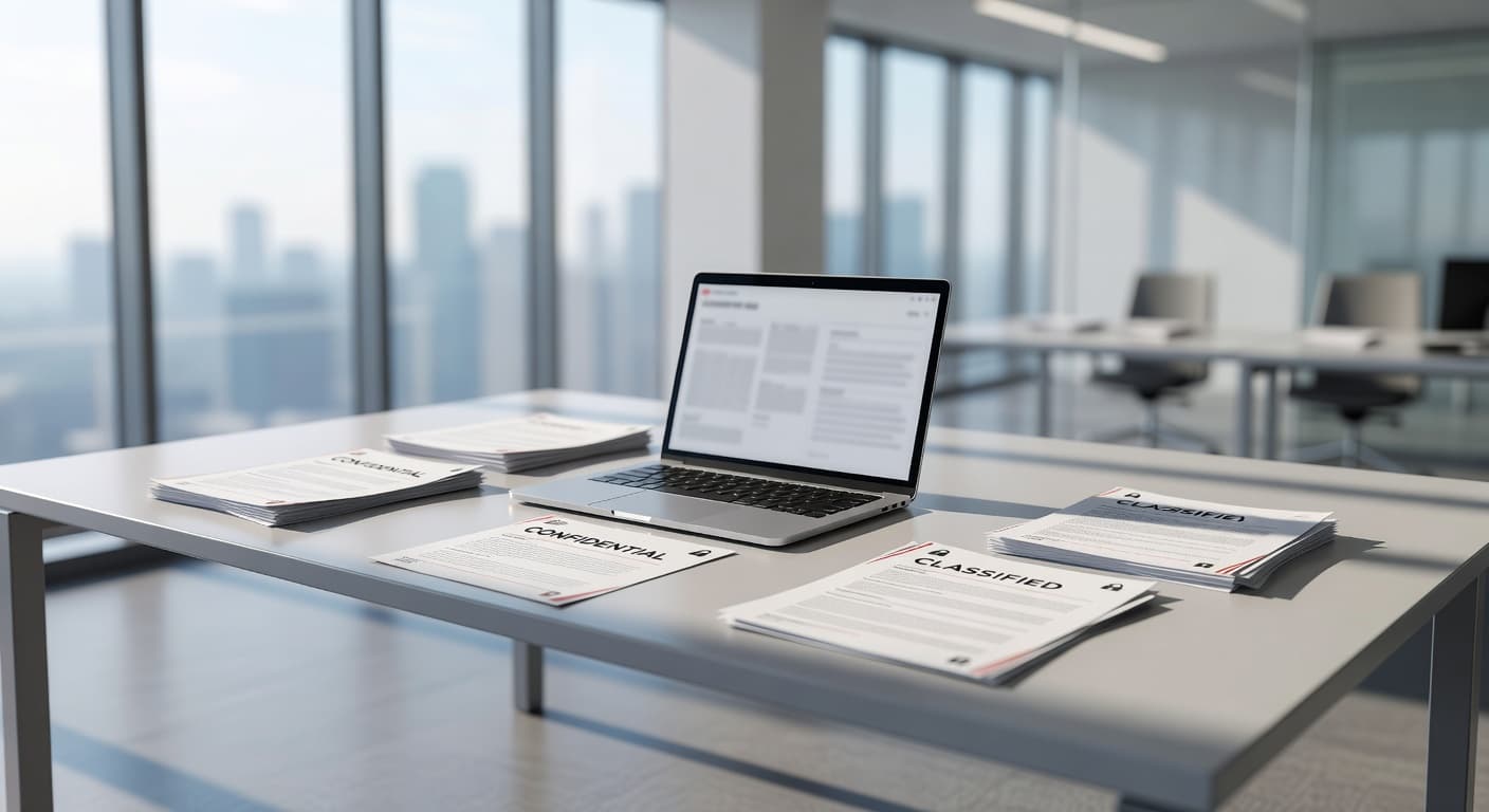 A sleek laptop sits on a polished mahogany desk alongside organized stacks of confidential paperwork. Soft daylight flows through the window, highlighting the organized professional workspace and private document classification folders.