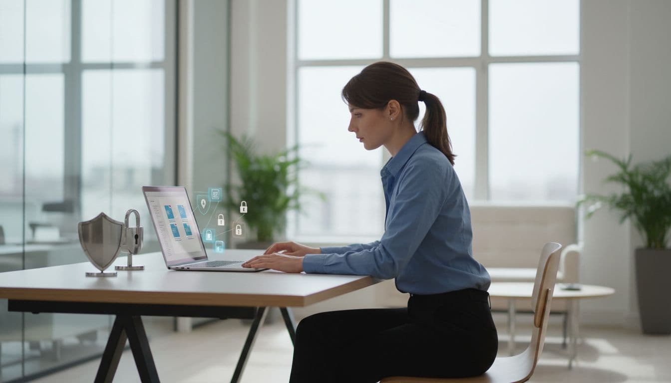 A professional IT admin at a desk in a modern office reviews a compliant laptop screen displaying OneDrive files with nearby security icons like locks and shields. Single focused person in natural lighting, realistic style, no additional humans, text, or logos.