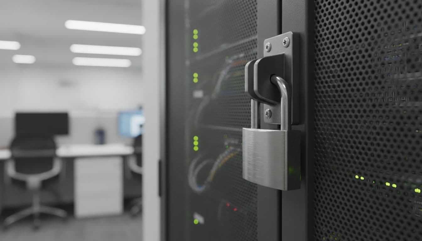 Close-up of metallic padlock on server rack door in neutral office background.
