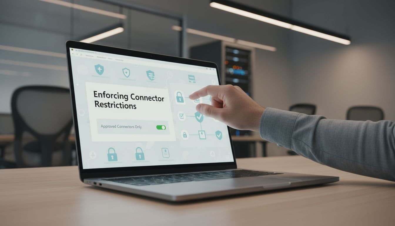IT professional configures Power Automate connectors securely in Microsoft 365 admin center, laptop screen showing locks and approvals icons in a controlled office environment.