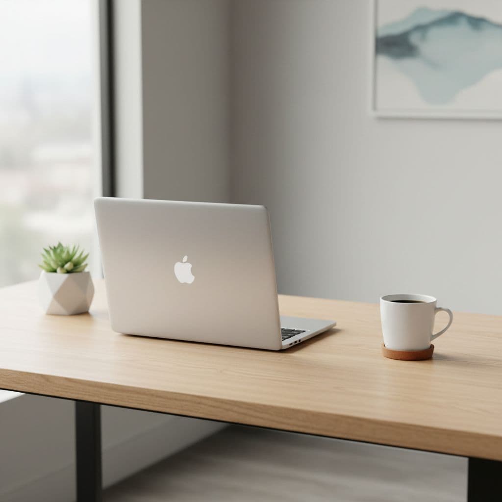 A sleek wooden workstation holds a lone laptop and a steaming ceramic mug of coffee. The soft morning light emphasizes a tidy environment designed for focused and private professional communication.