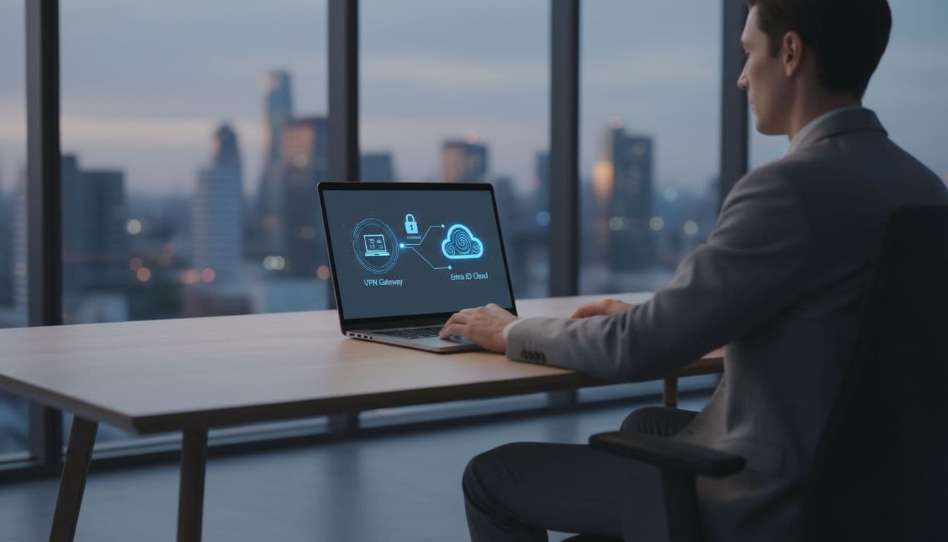 A laptop on a desk in a modern office environment connects securely to a VPN gateway and Entra ID cloud icons, with one relaxed person sitting at the keyboard in clean composition, subtle blue tones, and soft lighting.