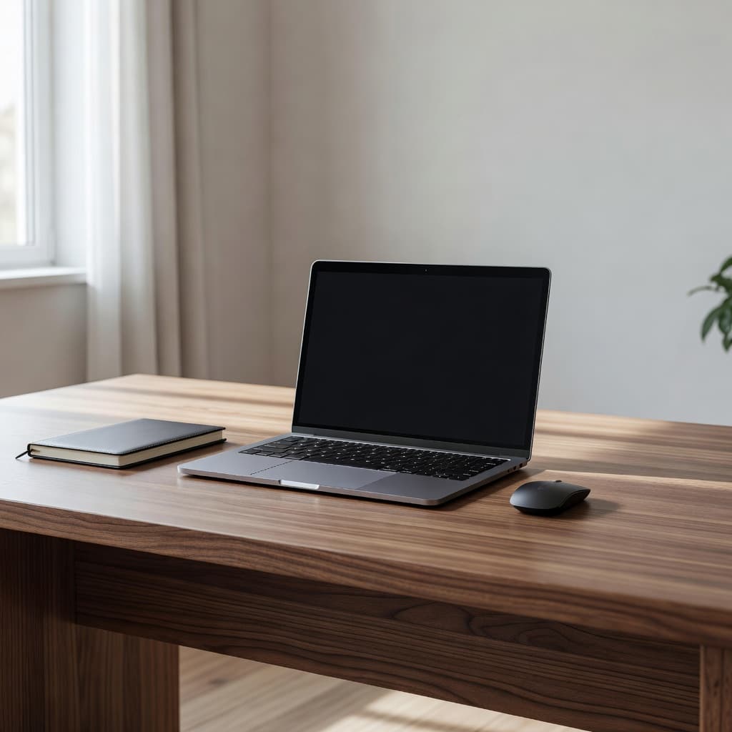 A minimalist wooden desk holds a single silver laptop under warm, soft ambient lighting. The clean workspace setup evokes a sense of professional focus and secure digital connectivity for remote operations.