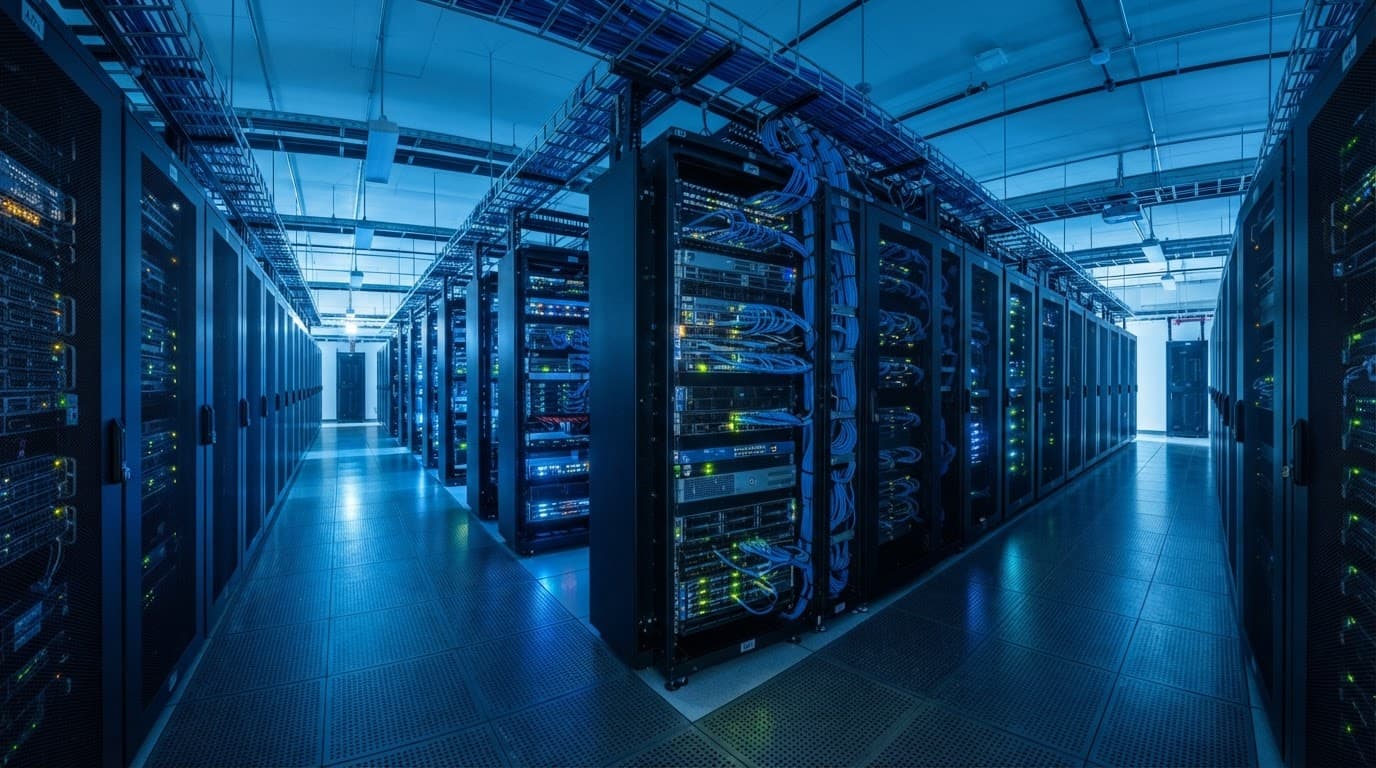 Server racks and network equipment glow under cool blue lights in a secure room.