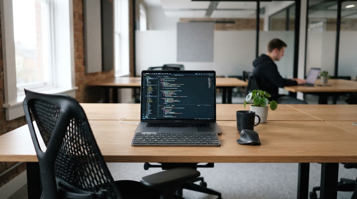 A clean minimalist desk with a coding laptop and soft natural light.