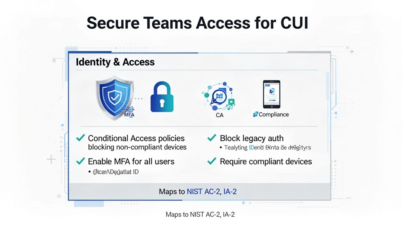 A minimalist, modern infographic on white background with blue/teal/gray accents, featuring sharp vector icons for MFA (shield), Conditional Access (lock), and device compliance. It presents a dominant 4-step checklist for Identity & Access management, including Entra ID integration, and maps to NIST AC-2, IA-2 standards.