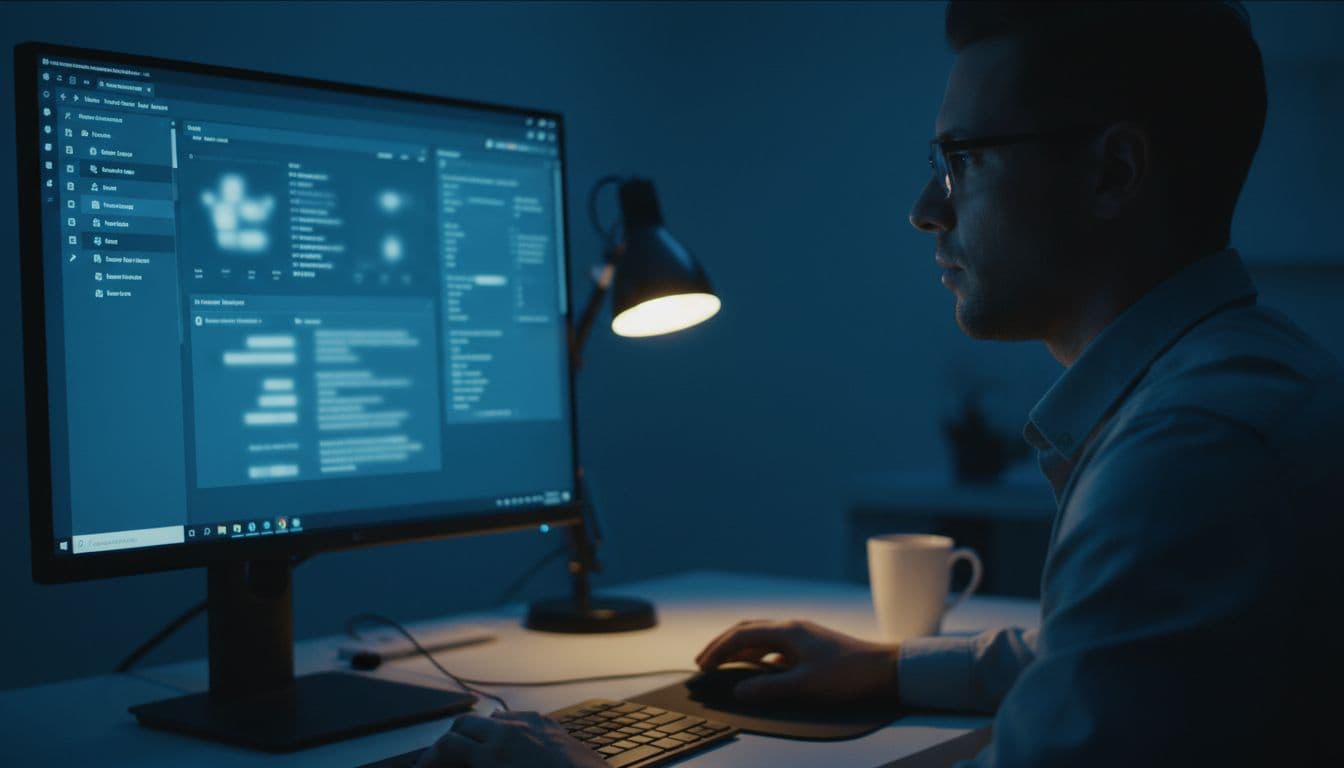 Security analyst in dim SOC views blurred Microsoft Purview mailbox audit logs and charts on single monitor.