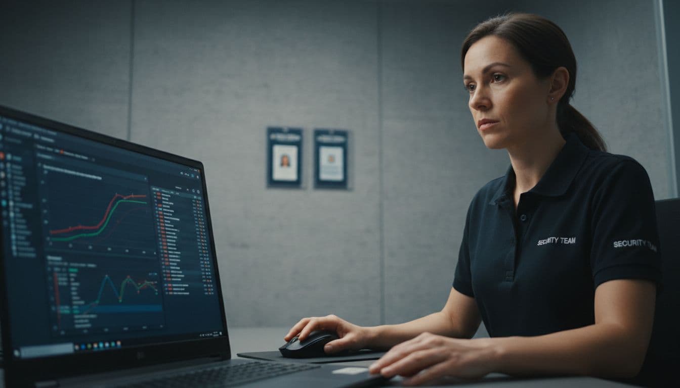 Security team member examining Microsoft Defender endpoint detection alerts on a laptop screen in a controlled professional environment, with blurred graphs of threat detections and log entries, hand on mouse, security badges on wall.