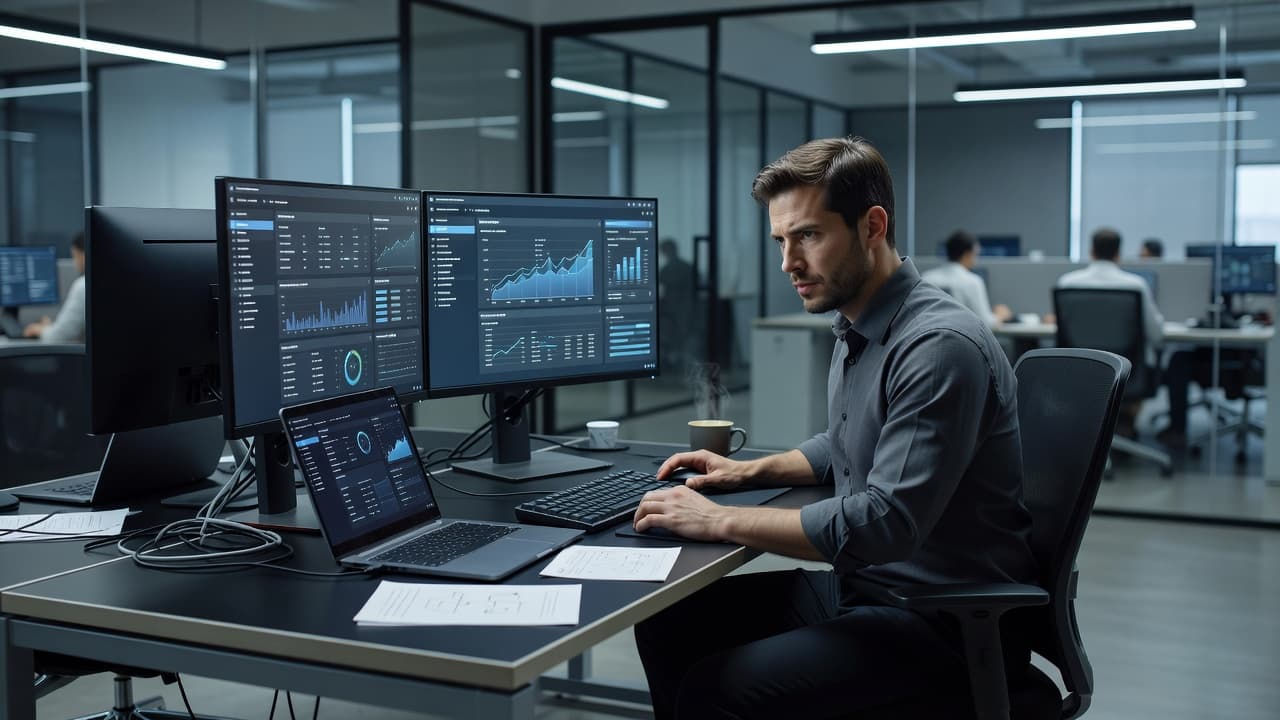 A focused professional sits at a dark desk illuminated by the glow of two monitors and a laptop. The sleek office environment remains dimly lit, emphasizing concentration on cybersecurity threat mitigation tasks.