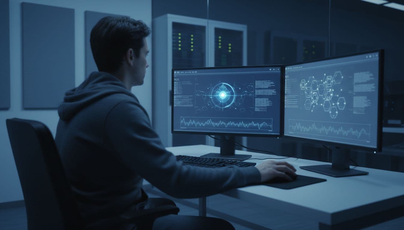 A security operations analyst in a compact control room focuses on triaging a Microsoft Sentinel alert, with two monitors showing blurred timelines, graphs, and entity maps under soft blue screen glow lighting in a modern realistic style.