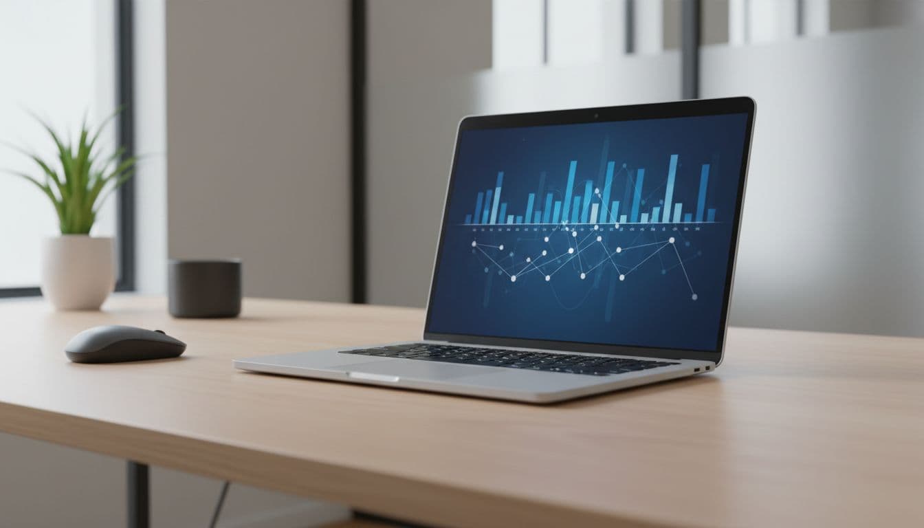 A sleek laptop sits on a minimalist desk displaying an abstract dashboard with blue and white analytical bar graphs. The low-angle composition highlights the professional data monitoring interface against neutral tones.