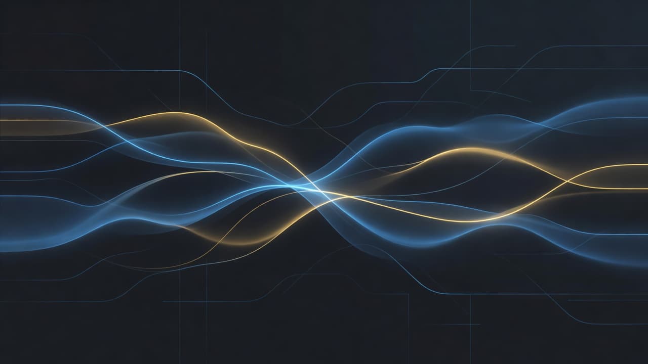 Glowing ethereal streaks of light move across a deep navy backdrop, simulating the complex flow of encrypted security logs. These soft, luminous lines intersect to create a sophisticated network visualization.