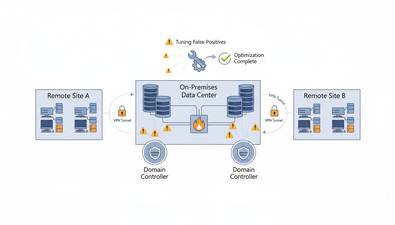 Network diagram shows segmented hybrid setup with Defender sensors on domain controllers, VPN-linked remote sites, and alert icons for false positives.