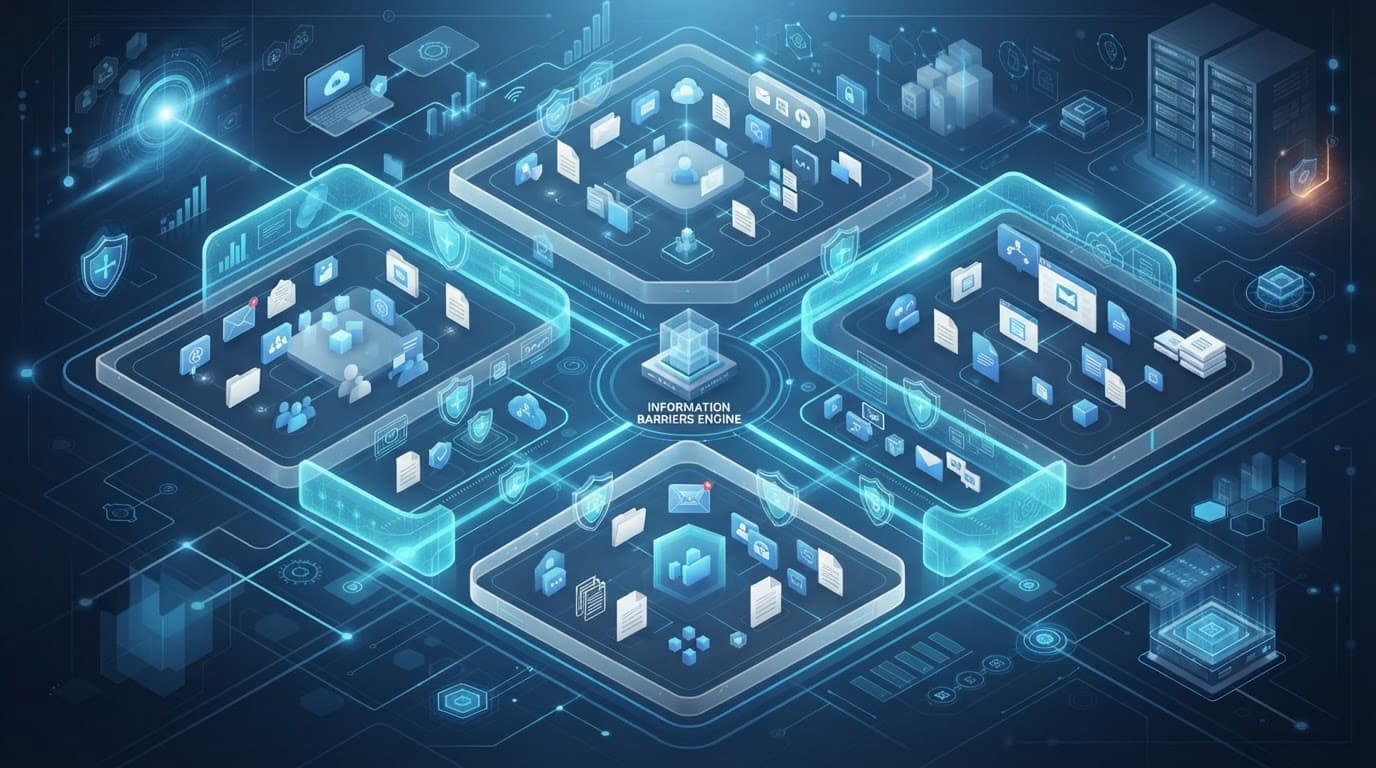 Blue collaboration zones separated by secure cybersecurity boundaries.