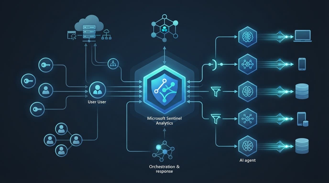 A blue security architecture diagram linking identities, agents, cloud services, and risk signals.