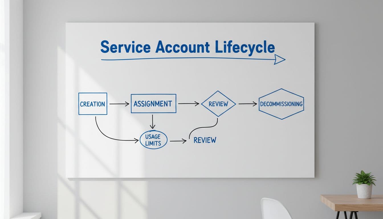 Simple flowchart diagram on a whiteboard illustrating the service account lifecycle stages: creation, assignment, usage limits, review, and decommissioning. Minimalistic marker line art style with bright daylight lighting, no people or extra text except 'Service Account Lifecycle' at the top.