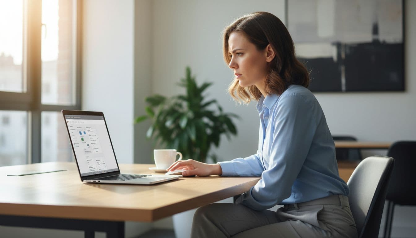 A focused IT administrator in business casual attire sits at a modern office desk, reviewing blurred SharePoint permissions settings on an open laptop, with a coffee mug nearby and natural window light illuminating the professional scene.