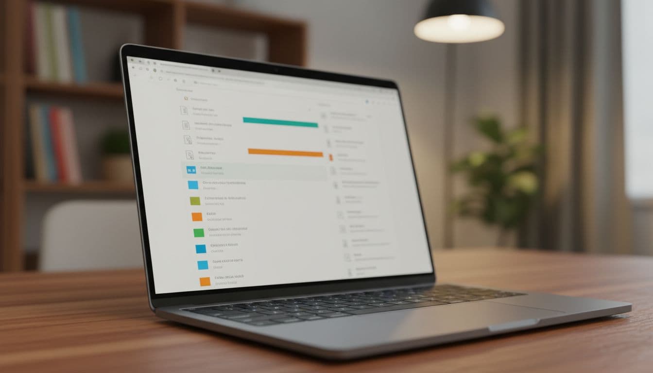 A SharePoint document library displaying files with colored sensitivity label badges for CUI protection, viewed on a laptop screen at an angle in a cozy home office with soft lighting.