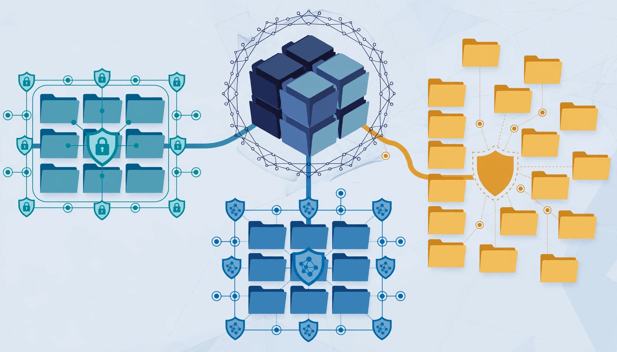 A document repository branches into private, organization-wide, and external access paths.
