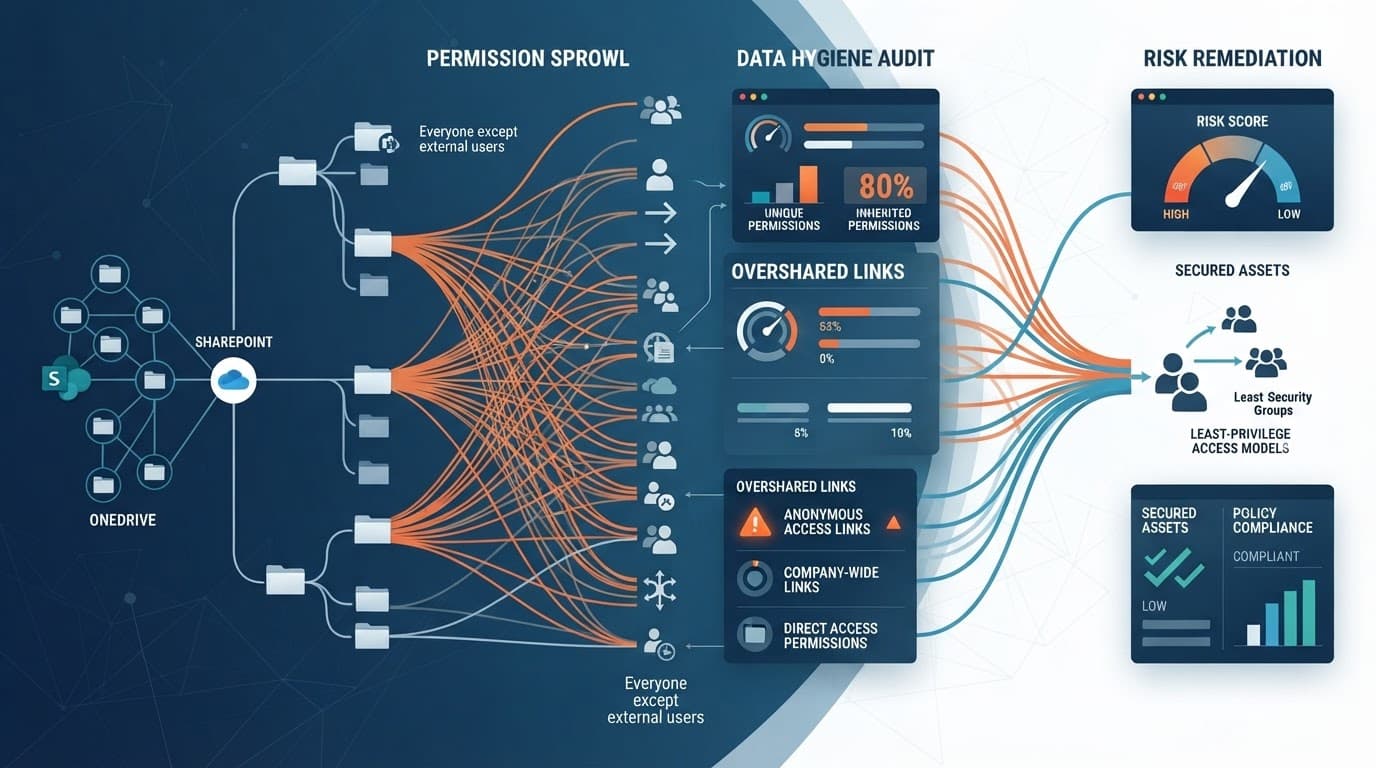 Blue security graphic showing folders, access permissions, shared links, and data checks.