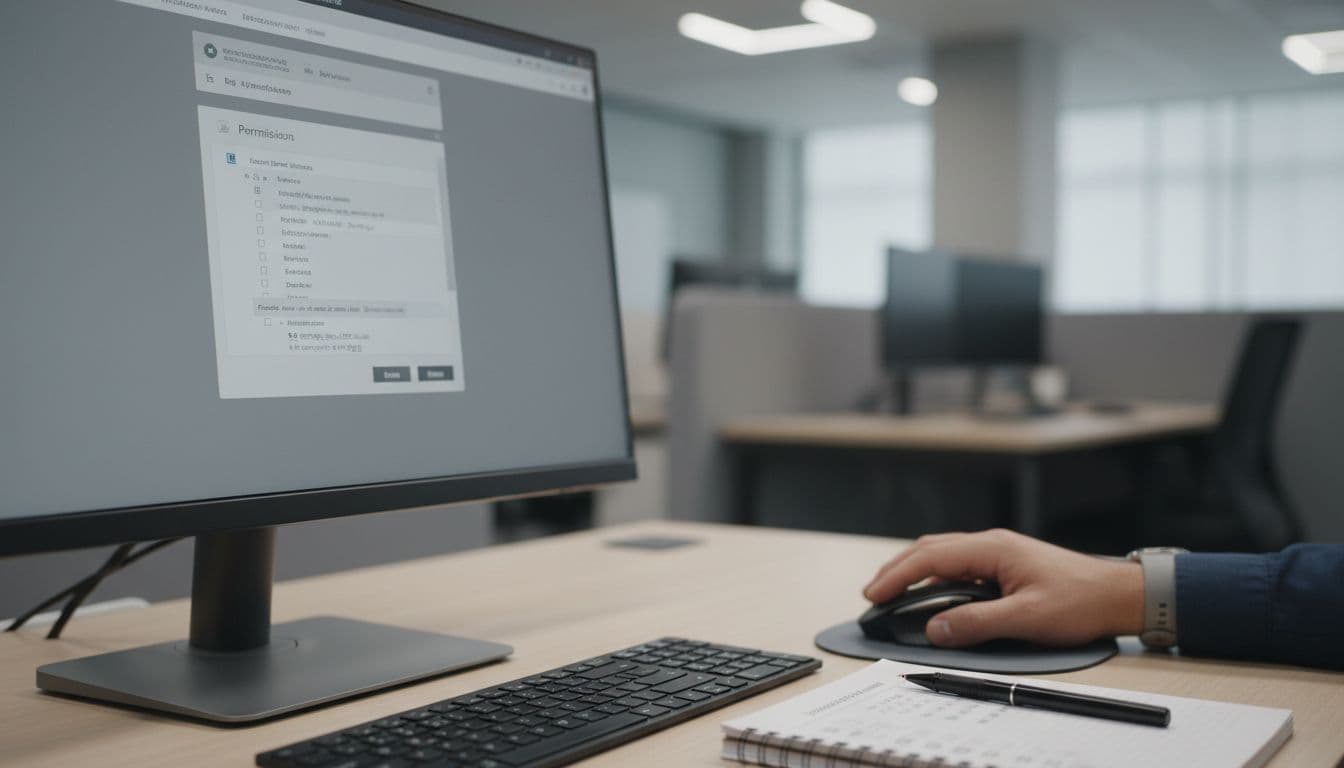 Close-up of a modern office desk featuring a desktop computer screen displaying an obscured SharePoint site permissions panel, with a checklist notepad, pen, and a relaxed hand on the mouse under soft lighting.