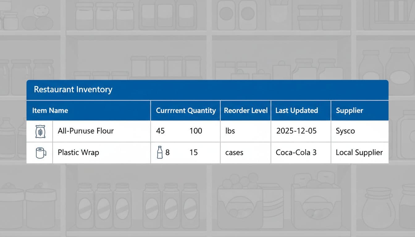 Clean, modern vector-style infographic illustrating a SharePoint list view for restaurant inventory management, featuring a table with item details, quantities, reorder levels, suppliers, and subtle icons on a faint pantry background.