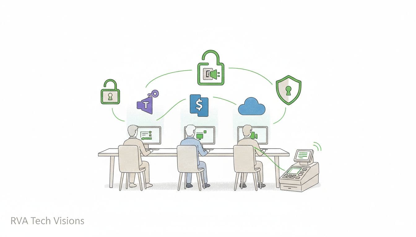 Illustration of an office team using cloud apps like Microsoft 365 and POS with security shields and locks around the data