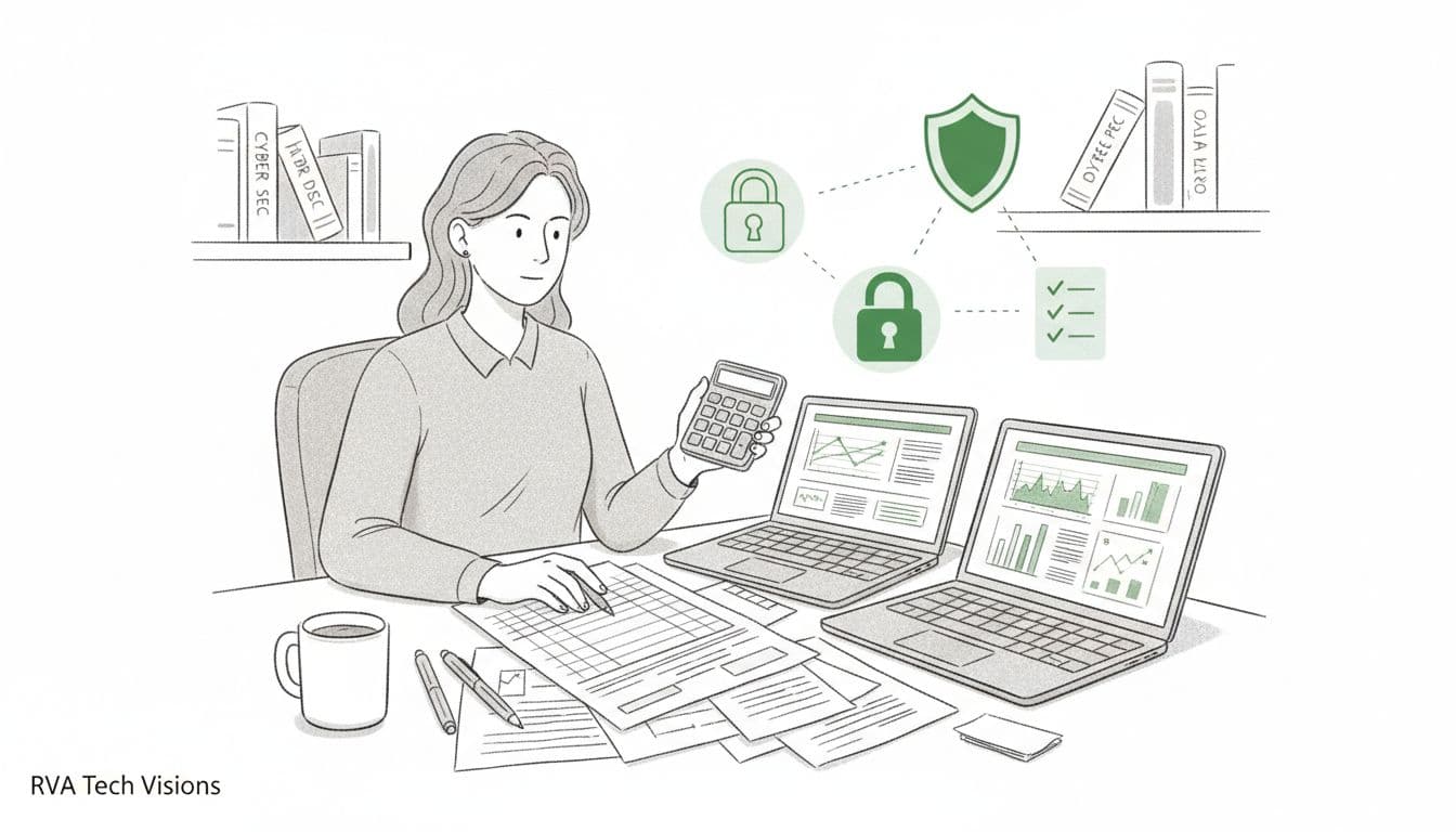 A focused small business owner in a cozy office reviews budget spreadsheets and CMMC compliance documents, with laptops showing cybersecurity charts and floating icons of padlocks, shields, and checklists symbolizing certification cost planning.