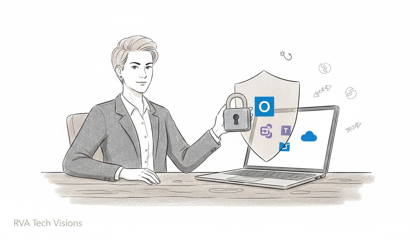 Small business owner securing Microsoft 365 on a laptop with a shield and padlock