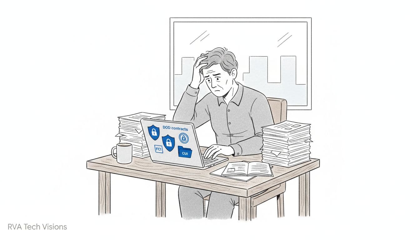 Small business owner reviewing CMMC documents and DoD contract icons
