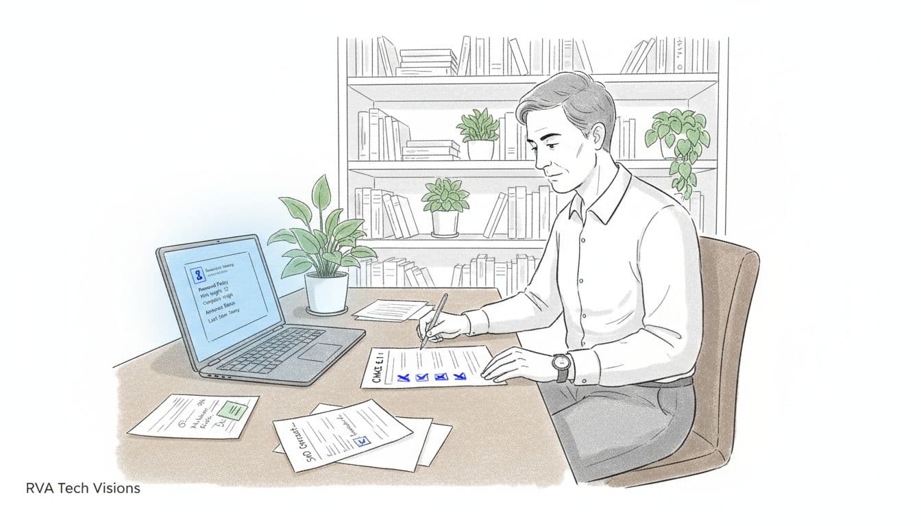 Small business owner reviewing a printed CMMC Level 1 checklist at a desk