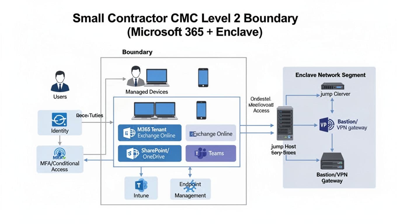 Clean, print-ready technical diagram in modern flat vector style depicting the CMMC Level 2 boundary for a small contractor, including Microsoft 365 services and a separate enclave network segment with data flows.