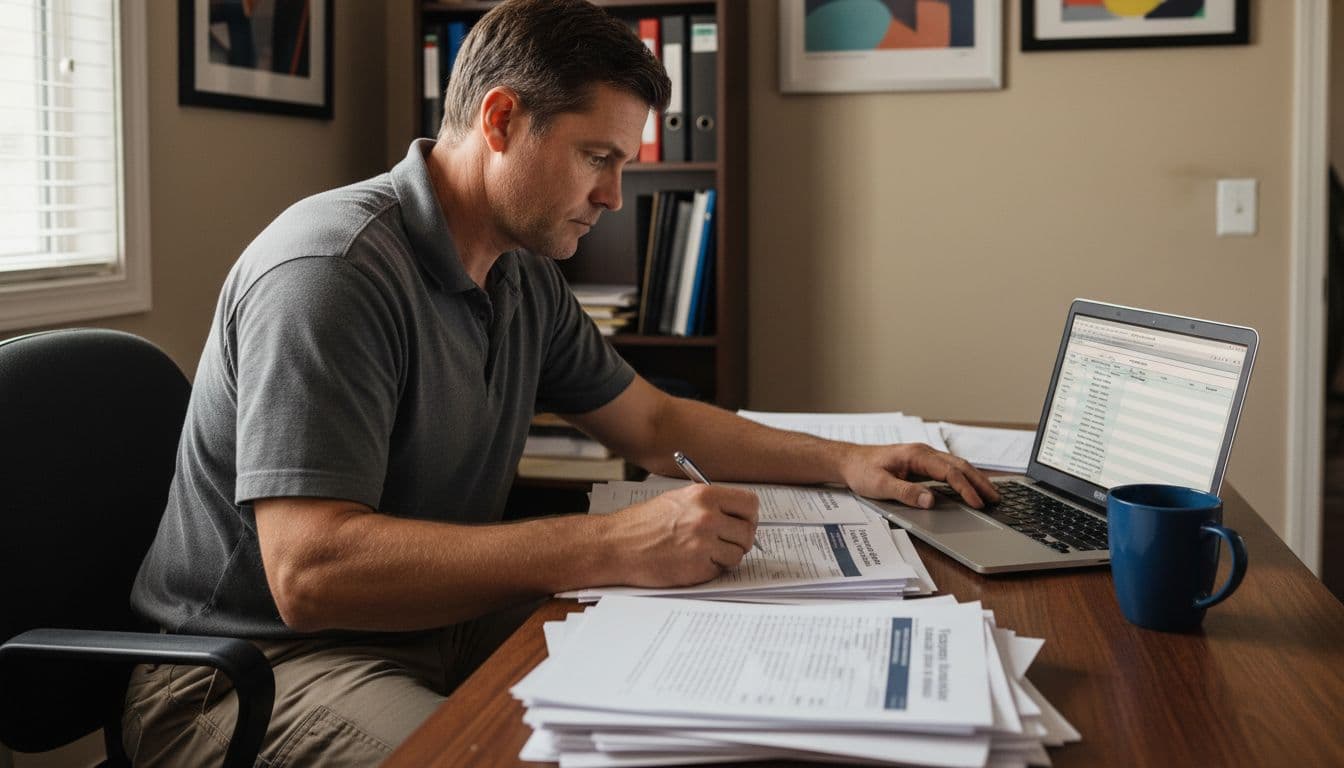 A small contractor in a modest office reviews printed vendor risk assessment documents and a laptop spreadsheet, seated at a desk with a coffee mug nearby under natural daylight.