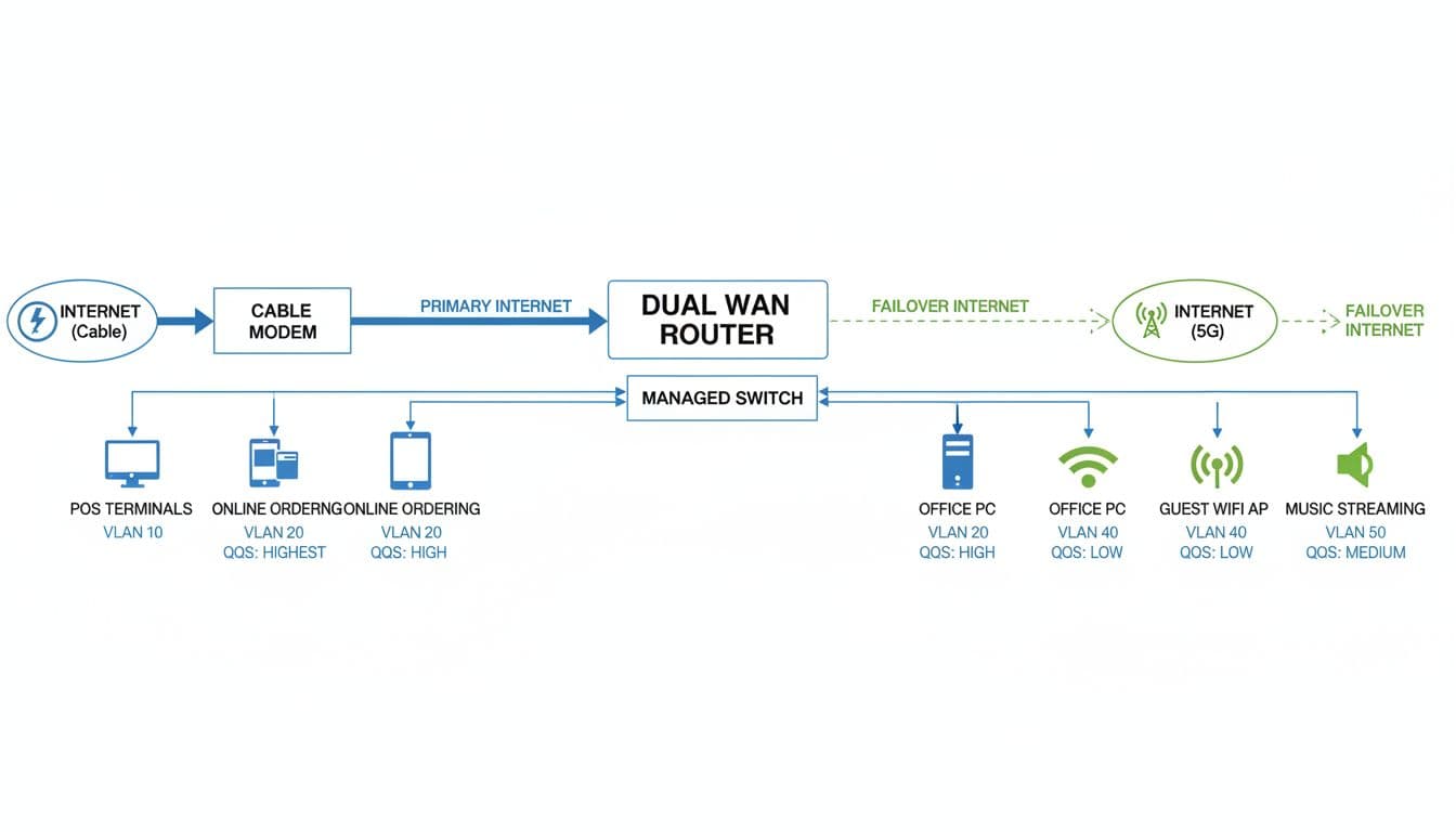 Clean, high-resolution network topology diagram for a small restaurant featuring a dual WAN router with primary cable modem and 5G failover, managed switch connecting to VLAN-segmented devices including POS terminals, online ordering tablet, office PC, guest WiFi AP, and music streamer, with labeled QoS priorities.