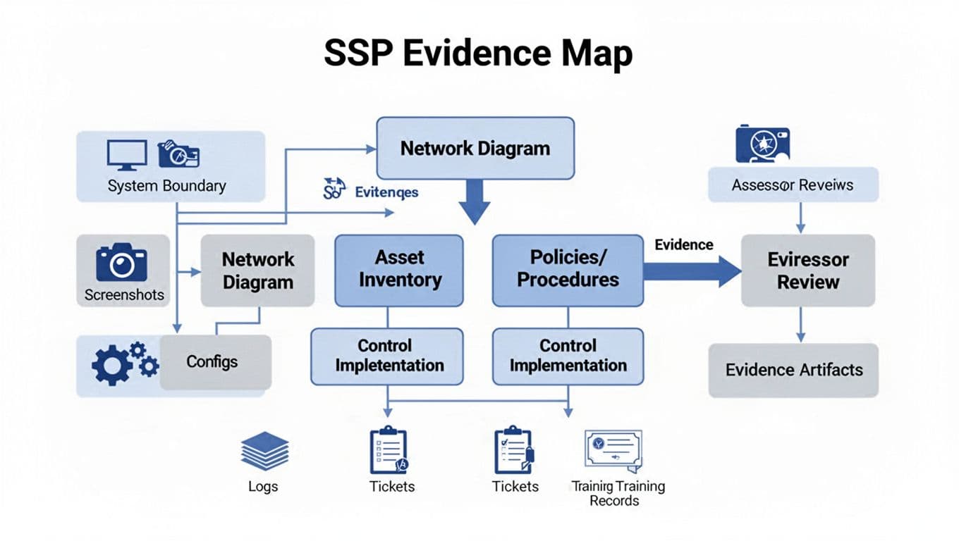 Clean, print-ready technical diagram in modern flat vector style on white background, featuring central SSP sections connected by arrows to evidence types like screenshots, configs, logs, tickets, and training records, with a main flow to assessor review.