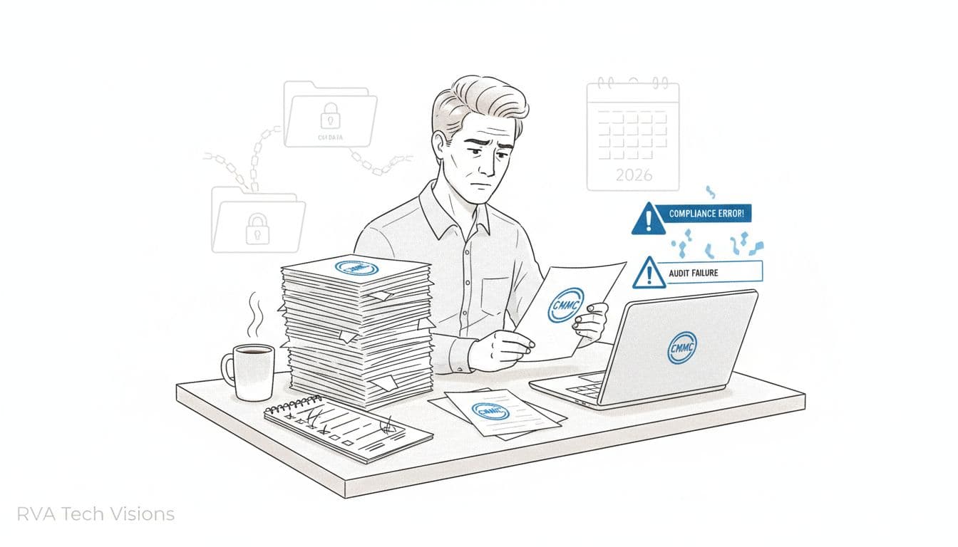 Minimalist editorial line art illustration depicting a mid-40s small business owner in casual attire, stressed at a desk with CMMC-stamped papers, laptop error alerts, coffee mug, and subtle CUI folders and 2026 calendar on a clean white background with blue accents.